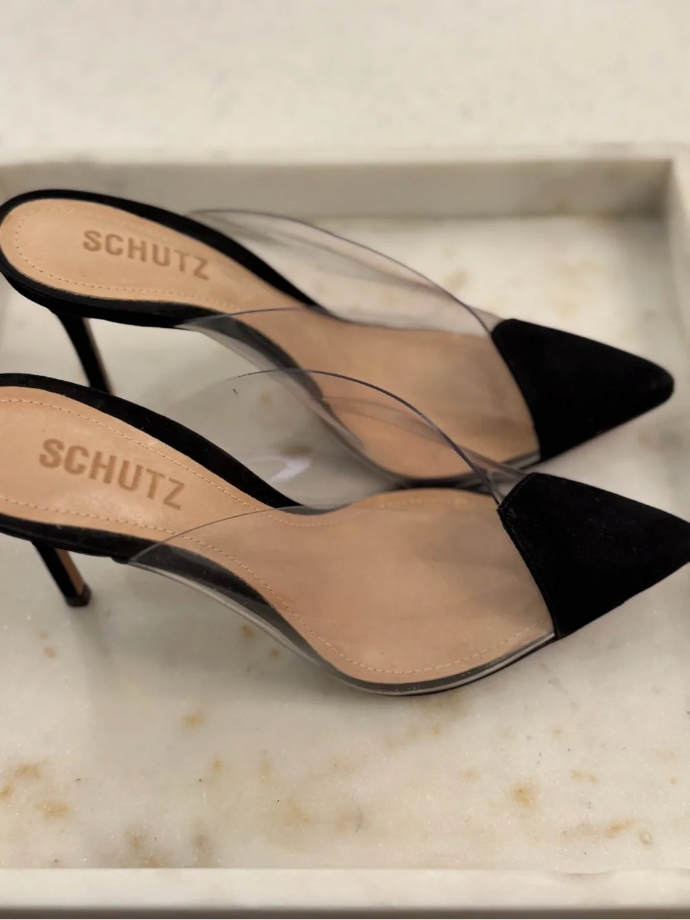 SCHUTZ Black Pointed Clear-Panel Mule Slides - Picture 2 of 5